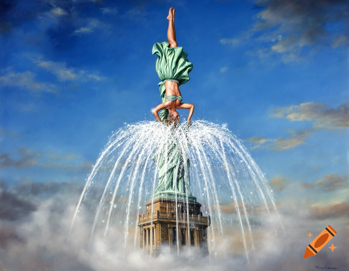 Surrealist oil painting of a woman doing a handstand on the Statue of Liberty's torch, with water erupting from her skirt.