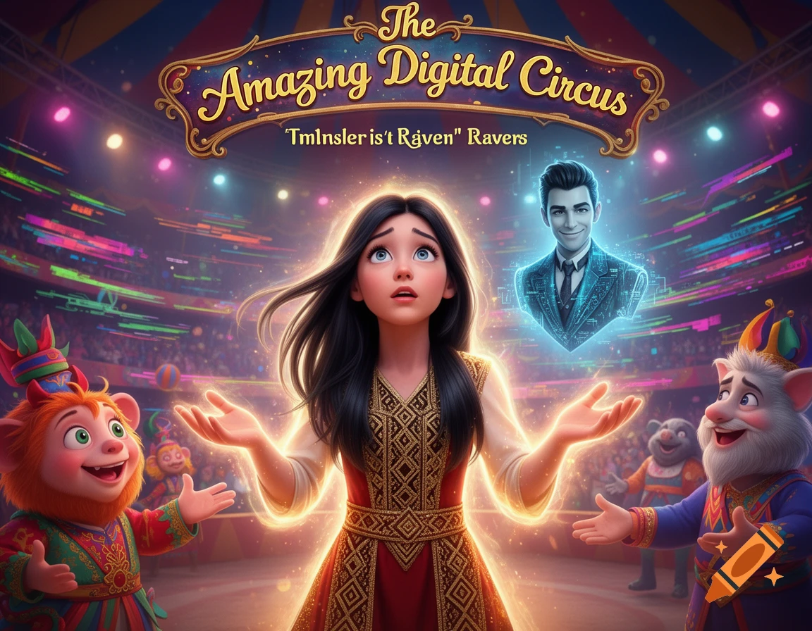 A vibrant cartoon image of a girl with long dark hair, glowing, looking up in a digital circus, flanked by two anthropomorphic animals and a glowing digital man.