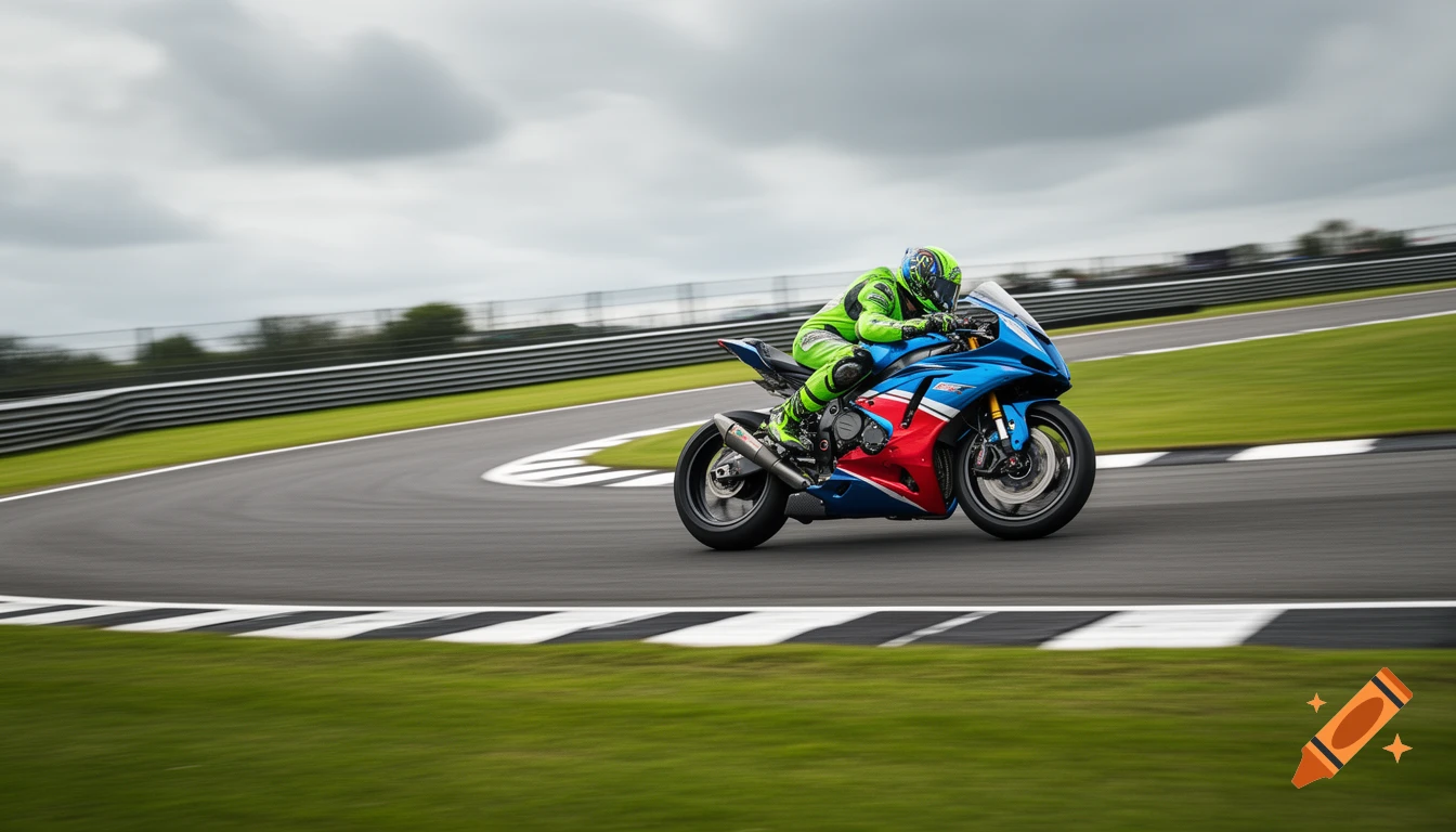A photorealistic image of a motorcycle racer in a green suit leaning into a turn on a blue and red sportbike at a racetrack.