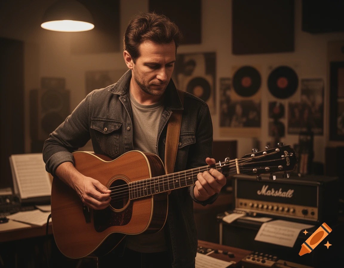 A man in a denim jacket playing an acoustic guitar in a warmly lit music studio with a Marshall amp.