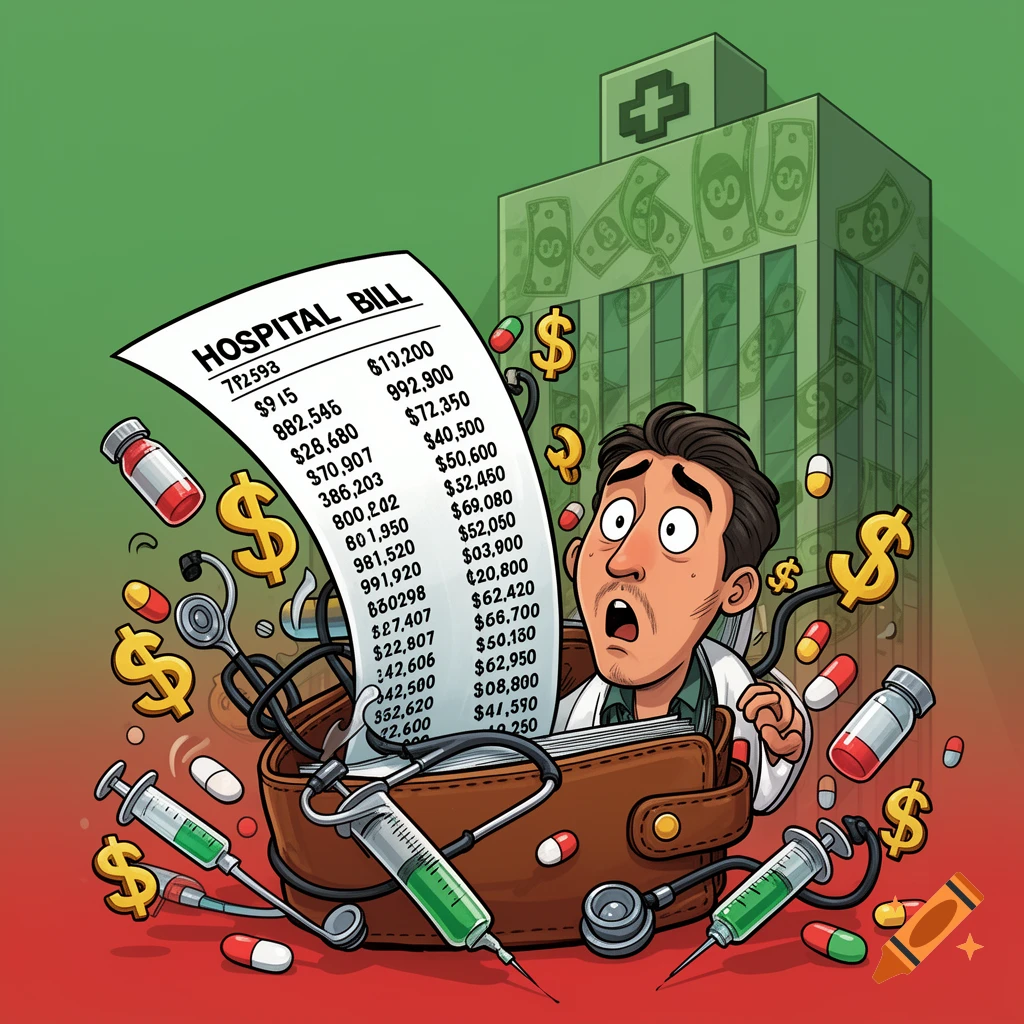 Cartoon of a shocked man overwhelmed by a giant hospital bill, dollar signs, and medical supplies, with a hospital building in the background.