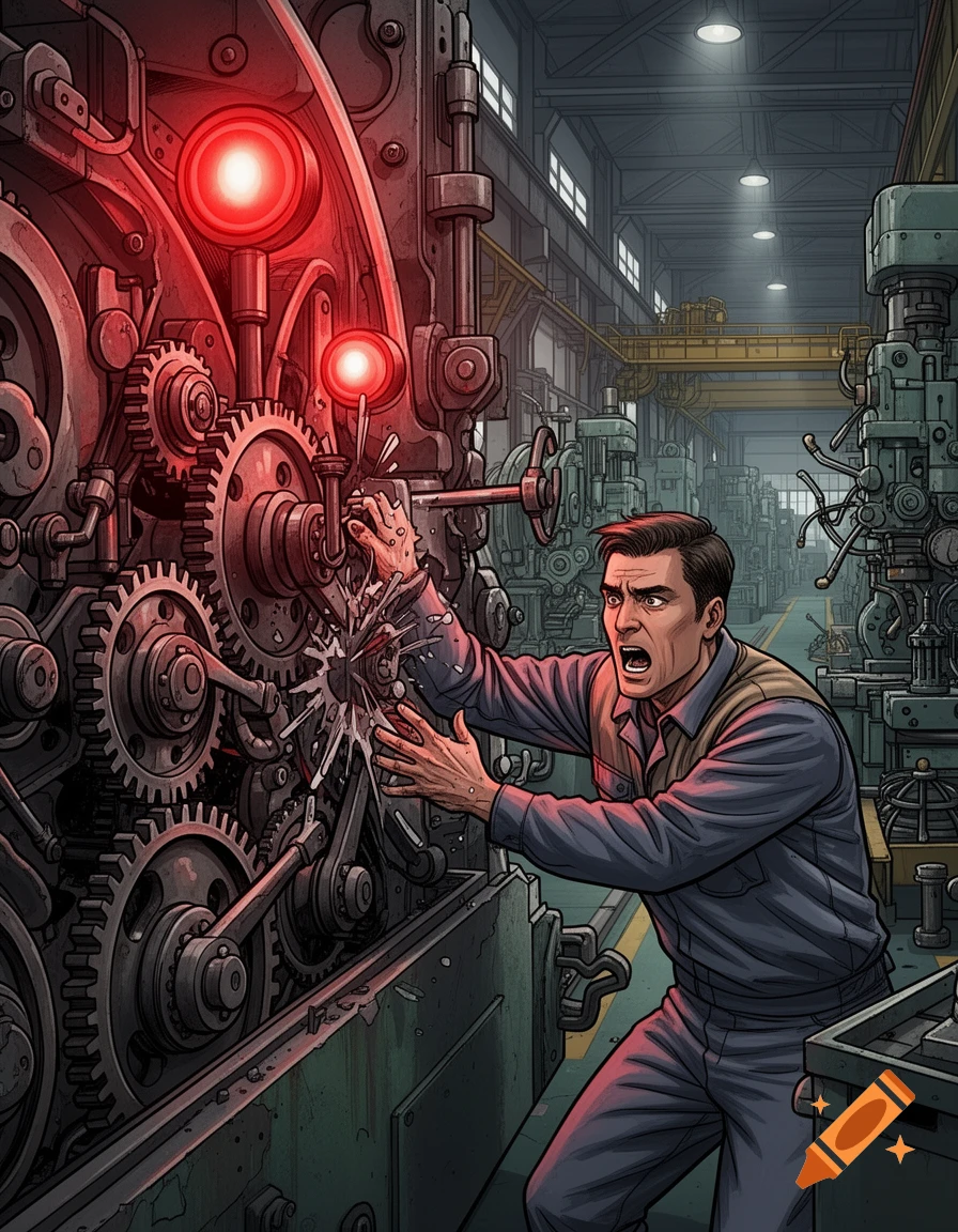 A worker screams in pain as his hand is caught and mangled by the gears of a large, red-lit industrial machine in a factory, comic style.