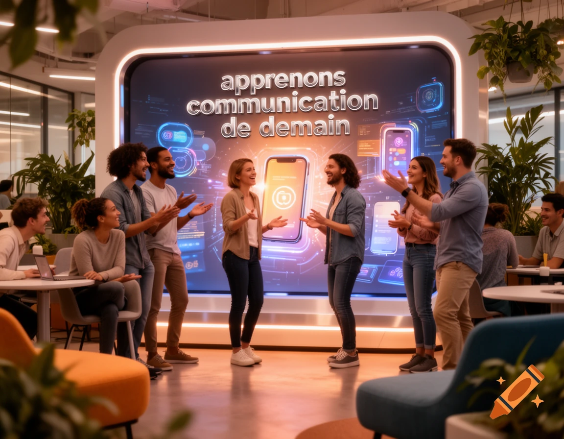 A diverse group of smiling people in a modern office with a large screen displaying "apprenons communication de demain" and tech graphics.