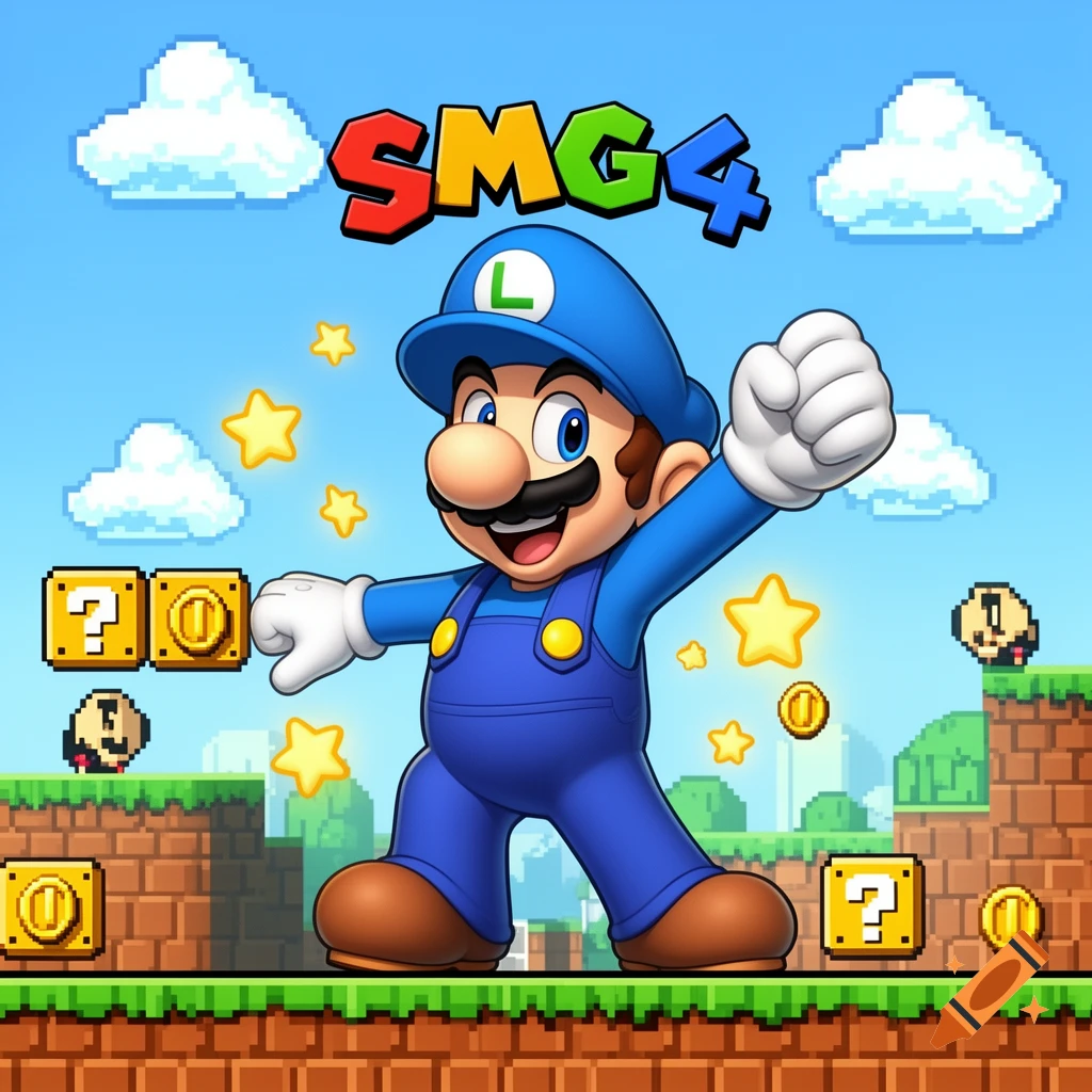 A blue-clad Mario-like character with an L on his cap, SMG4, stands in a vibrant pixelated Super Mario world with question blocks, coins, and stars.