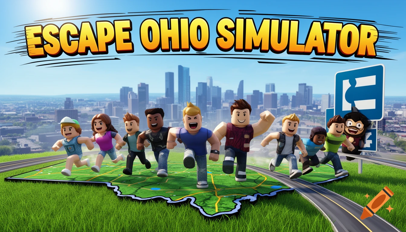 Roblox characters run across a map of Ohio with a city skyline in the background, under the title 'ESCAPE OHIO SIMULATOR'.