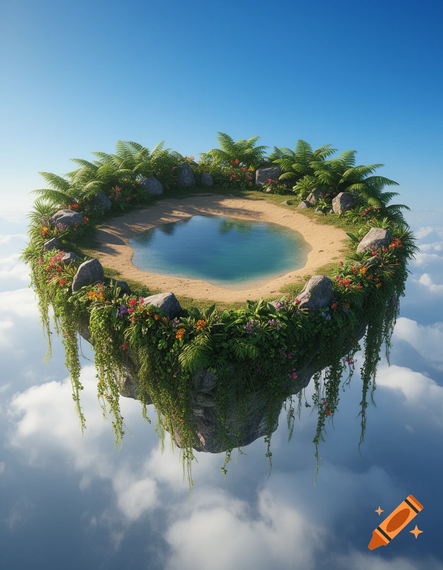 Photorealistic rendering of a vibrant floating island with a central pond, lush greenery, and rocks, suspended above clouds.