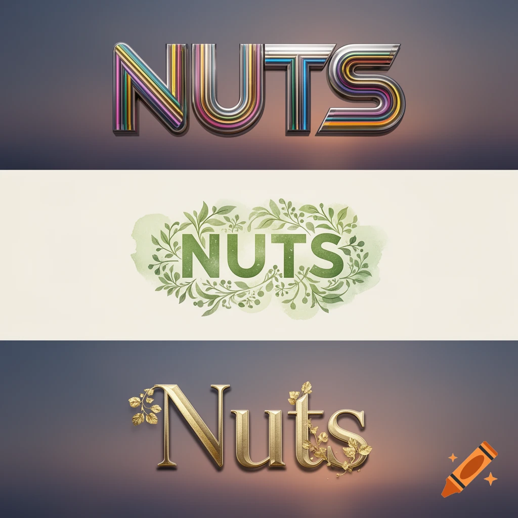 Three different stylized renditions of the word 'NUTS': one with colorful metallic stripes, one green with leaves, and one golden with ornate vines.