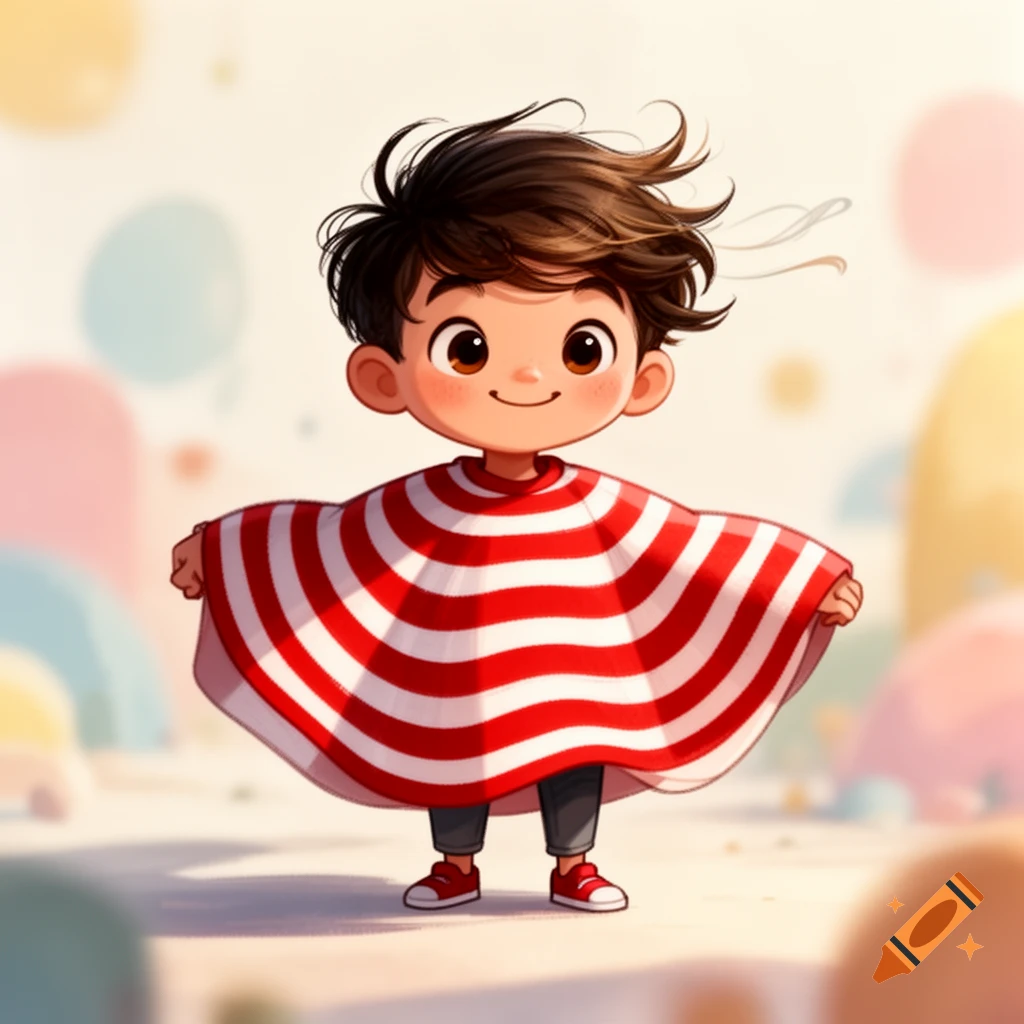 A cute cartoon boy with messy brown hair and a red and white striped poncho stands smiling.