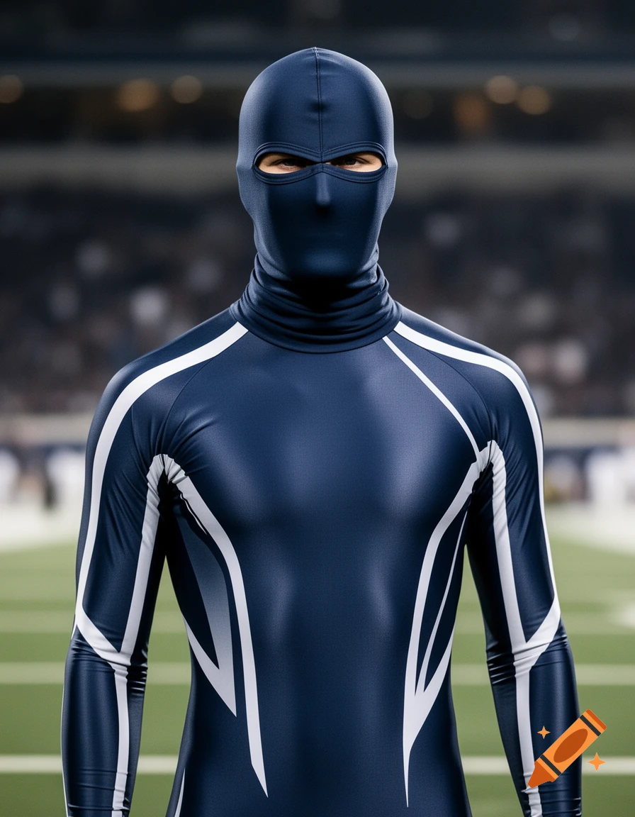 A person in a dark blue, form-fitting bodysuit with white athletic stripes and a balaclava covering their face, stands on a football field.