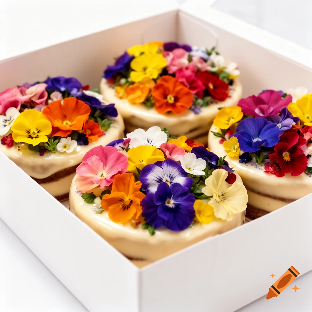 Four small round cakes, each topped with a vibrant assortment of colorful edible pansy flowers, arranged neatly in a white gift box.