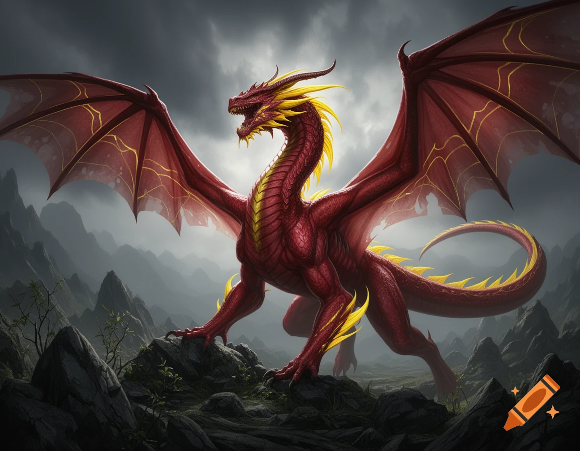 A majestic red wyvern with golden accents stands on a rocky mountain peak under a stormy sky.