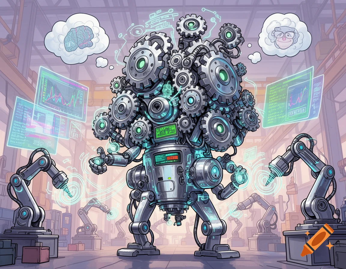 A cartoon caricature robot made of gears and machinery, interacting with holographic screens in a factory with robotic arms.