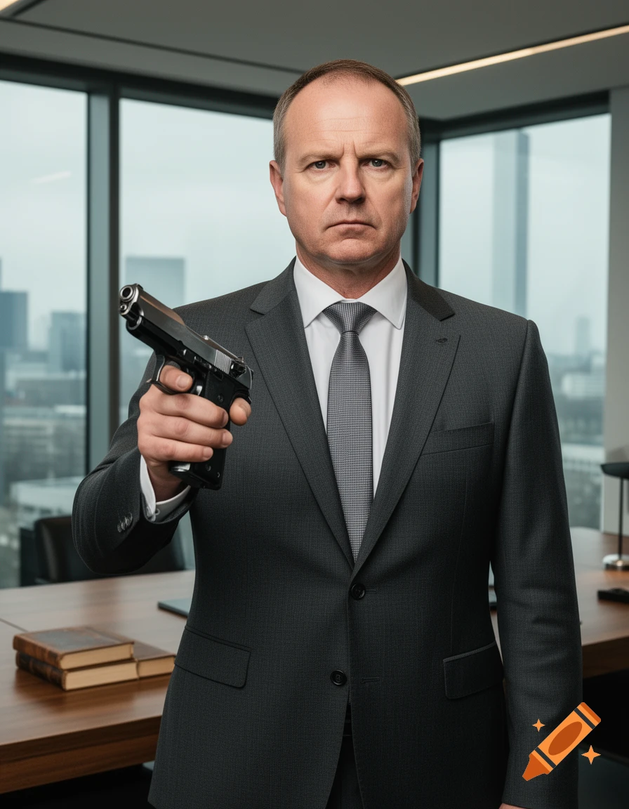 A serious man in a gray suit and tie holds a black pistol, pointing it forward in an office with large windows.