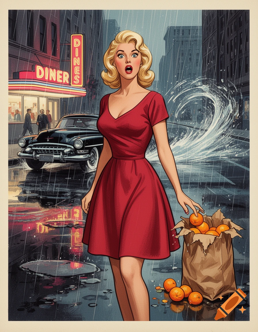 A mid-century style illustration of a shocked blonde woman in a red dress, dropping groceries in the rain outside a diner.