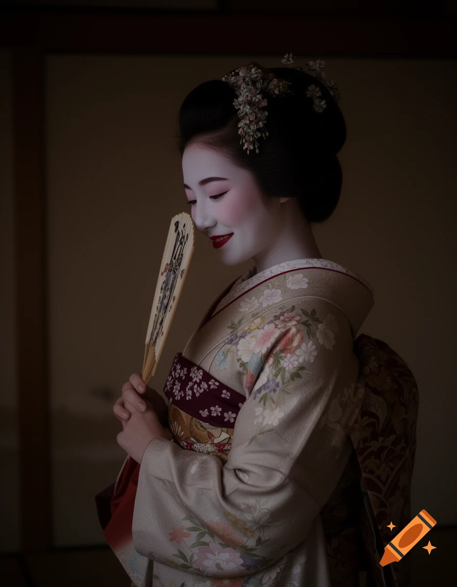 Photorealistic portrait of a geisha in a kimono, gently smiling, holding a fan in dim lighting.