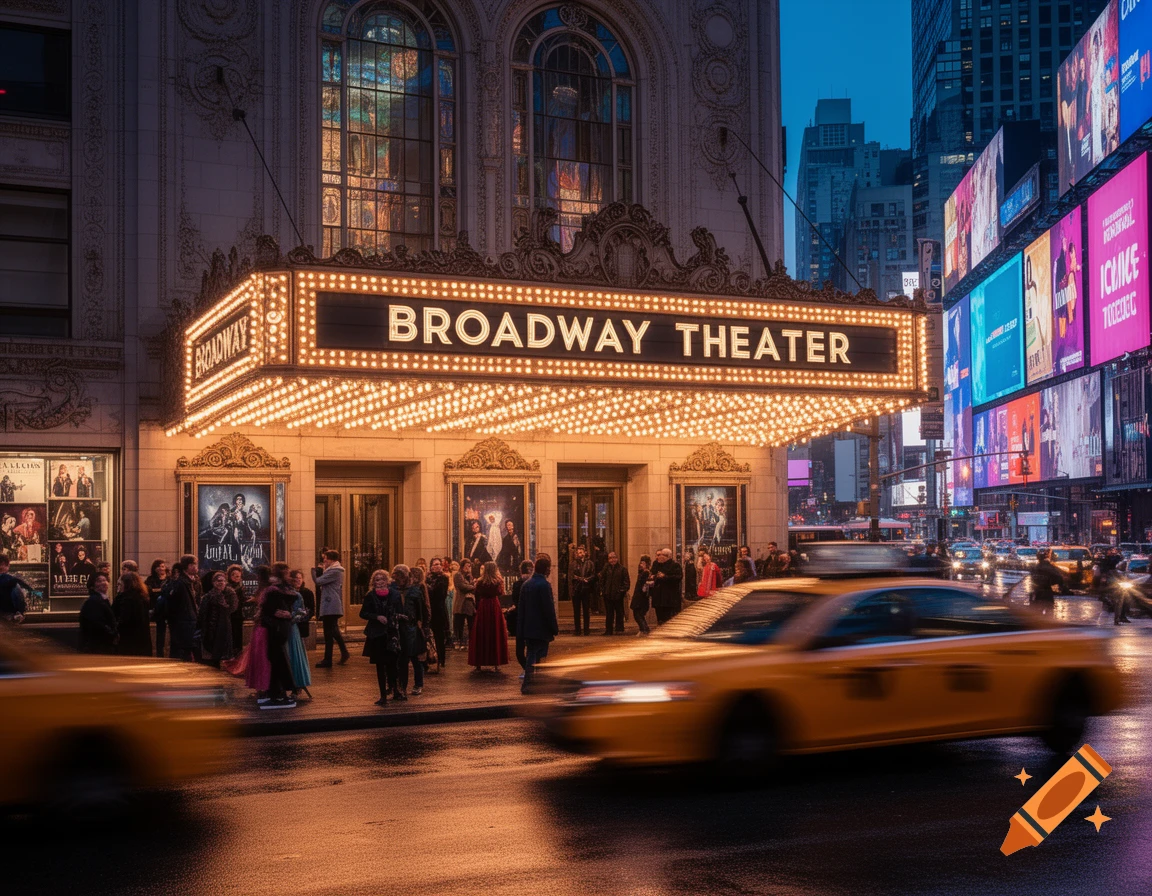 A vibrant night street scene in front of the illuminated Broadway Theater, with yellow taxis in motion blur and people on the sidewalk.