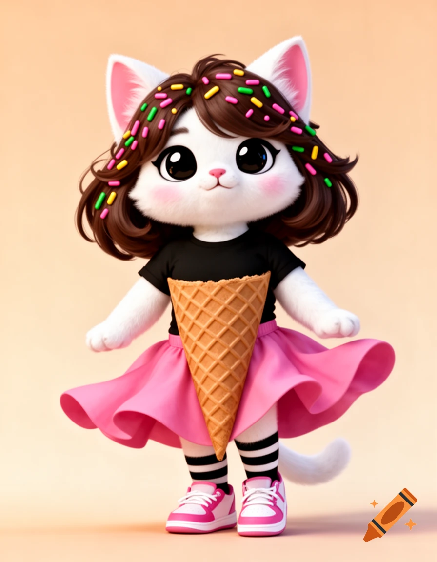 A cute furry white cat character with brown hair adorned with colorful sprinkles, wearing a black t-shirt, pink skirt, striped socks, pink and white sneakers, and holding a large ice cream cone in front of its body.