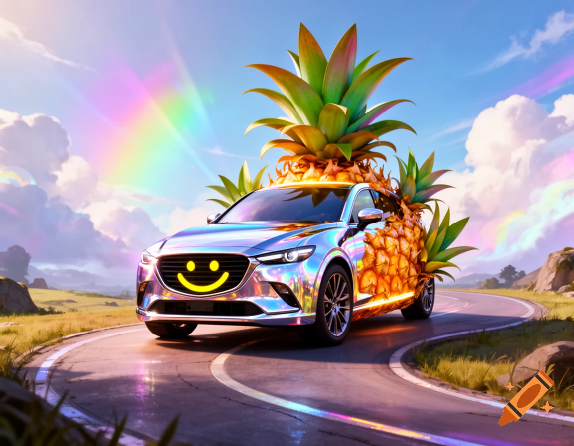 A shiny chrome car, part pineapple, with a smiley face drives on a winding road under a rainbow sky.