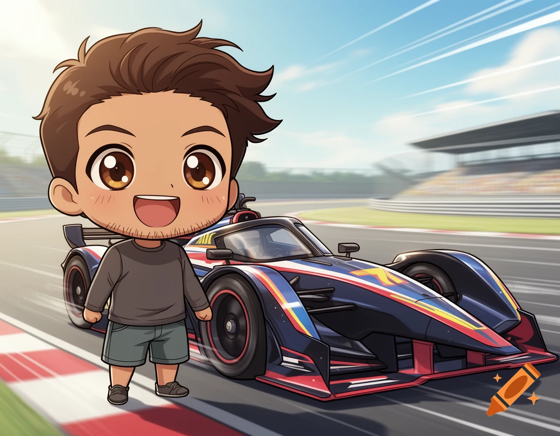 A Japanese-style chibi animation of a brown Filipino male with stubble standing next to a racecar on a track.