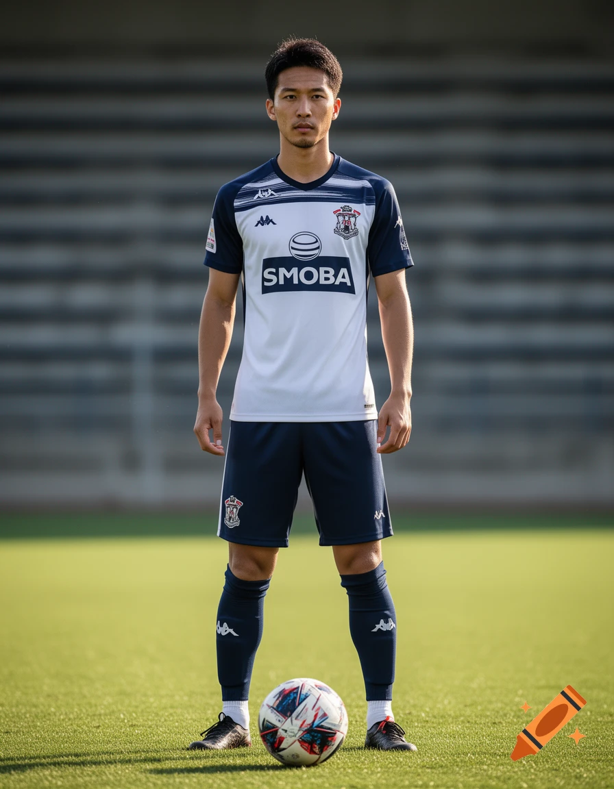 A photorealistic image of a male soccer player in a white and navy blue uniform standing on a field with a soccer ball.