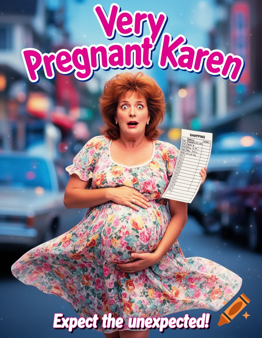 A comedic movie poster featuring a surprised, heavily pregnant woman in a floral dress, holding a shopping list, with the title "Very Pregnant Karen" and tagline "Expect the unexpected!"