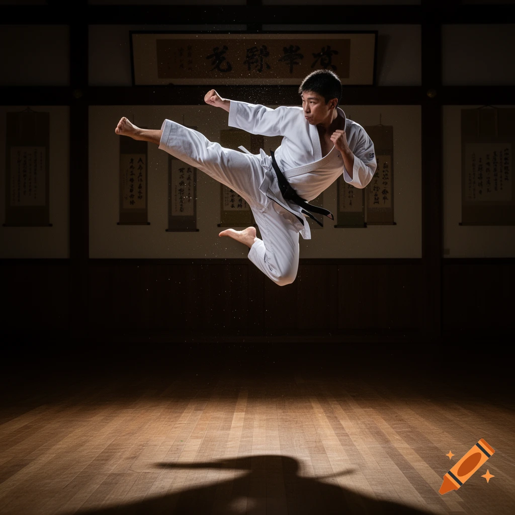 Man in white karate gi performs a flying kick in a dimly lit dojo, casting a shadow on the wooden floor.
