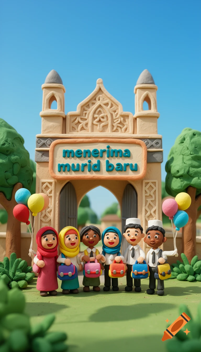 Claymation of diverse students with school bags and balloons in front of an Islamic school building with 'menerima murid baru' on a sign.
