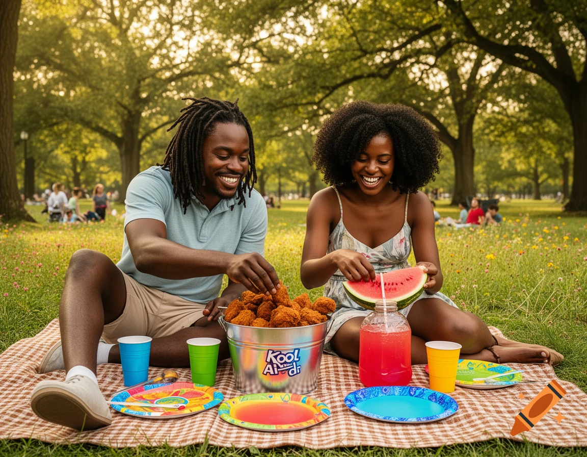 A smiling Black man and woman share a picnic blanket in a park, eating chicken from a bucket and watermelon, with drinks.