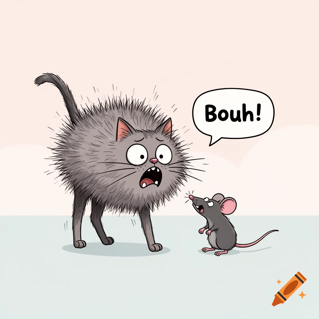 A cartoon gray cat with puffed-up fur looking terrified at a small gray mouse saying 'Bouh!' in a speech bubble.