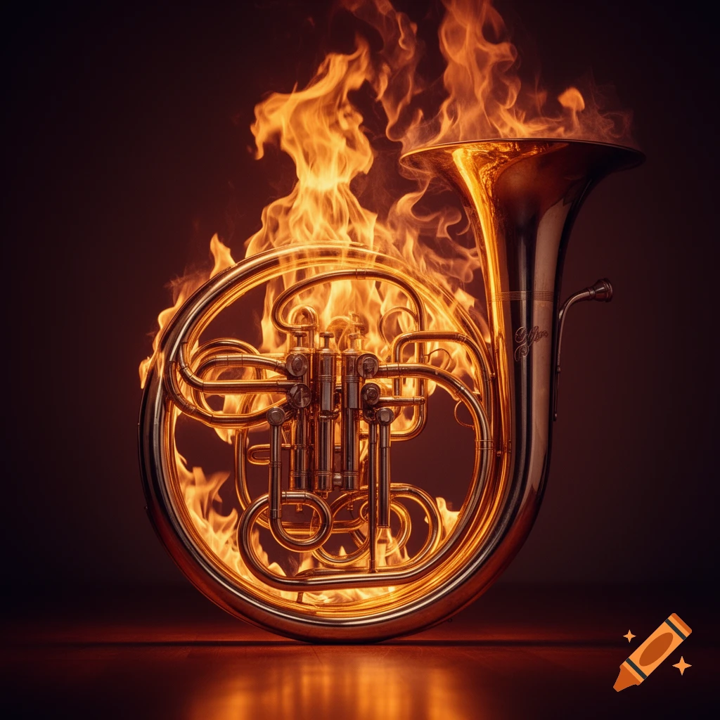 A brass French horn engulfed in bright orange flames, standing on a reflective wooden surface against a dark background.