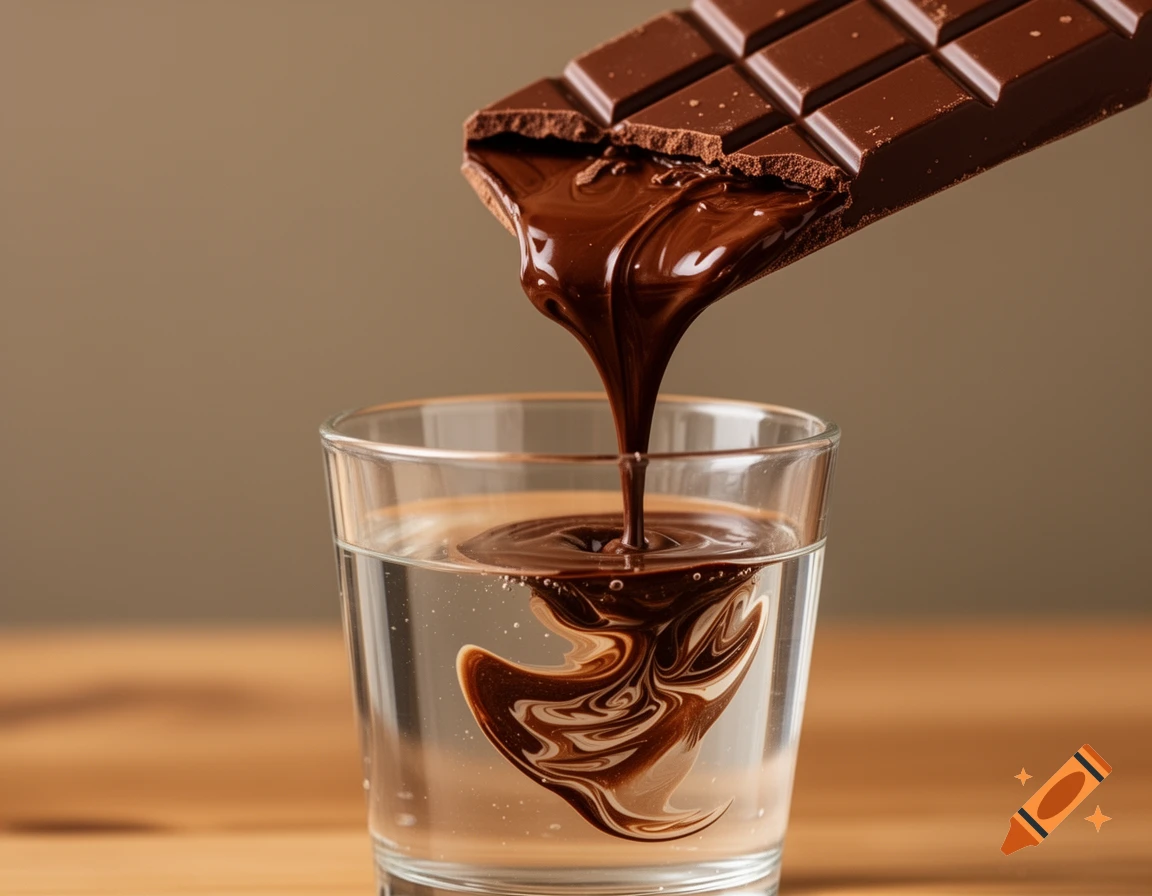 Melted chocolate drips from a chocolate bar into a glass of water, swirling beautifully.