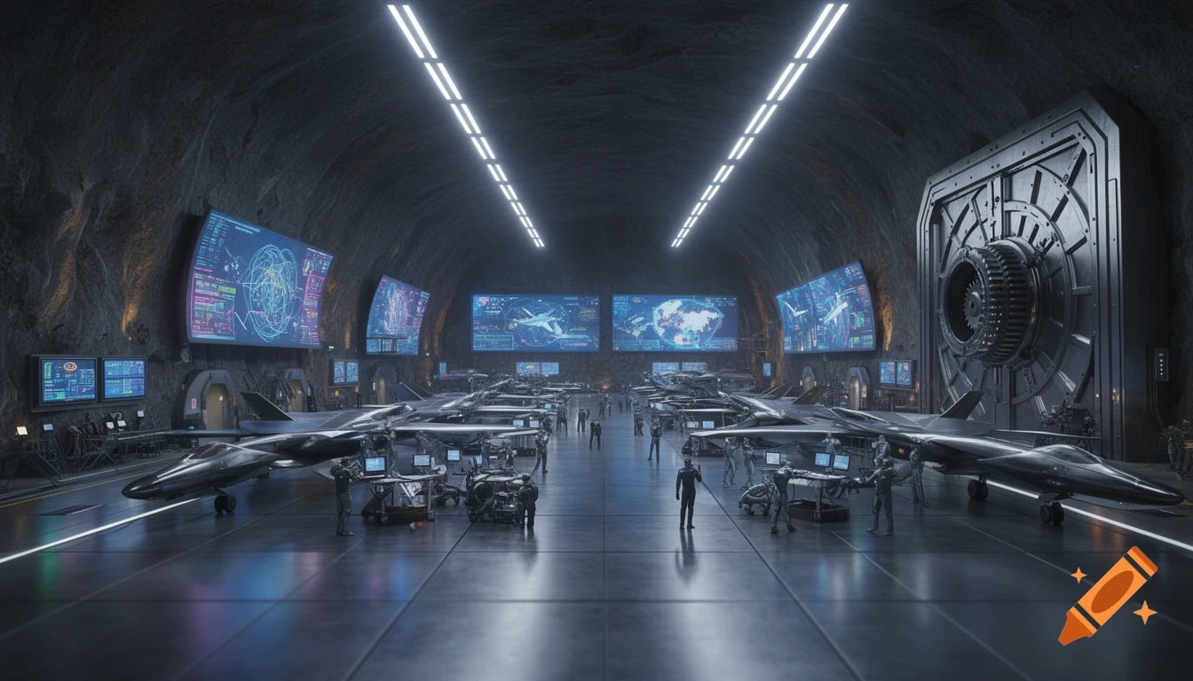 A futuristic high-tech underground hangar with multiple stealth fighter jets, personnel, and large glowing display screens showing tactical data.