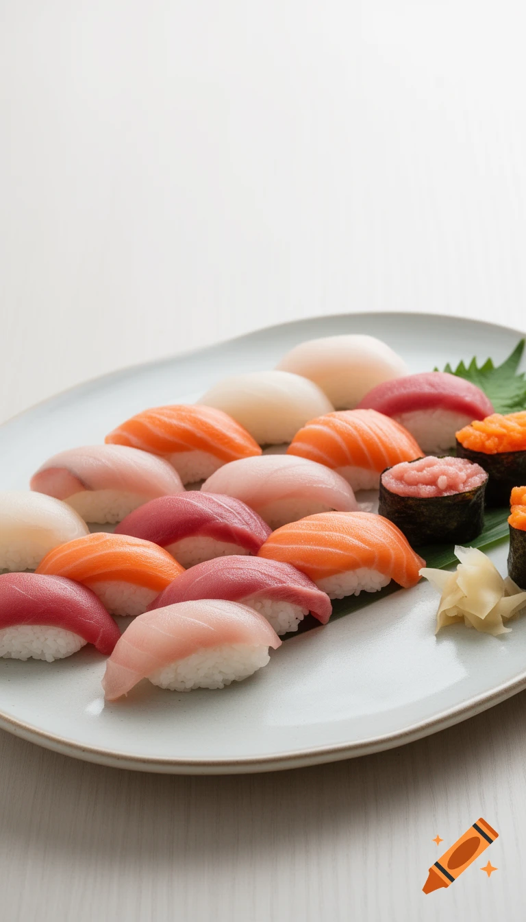 A plate filled with various types of vibrant sushi, including salmon, tuna, and white fish nigiri, alongside two gunkan maki and pickled ginger, on a light background.