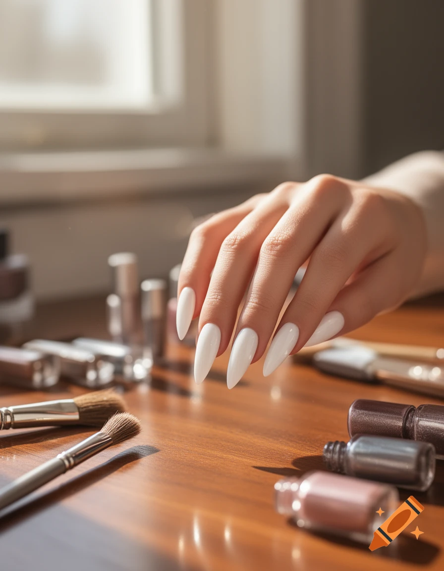A hand with long, white stiletto nails reaches across a wooden table with nail polish bottles and brushes.