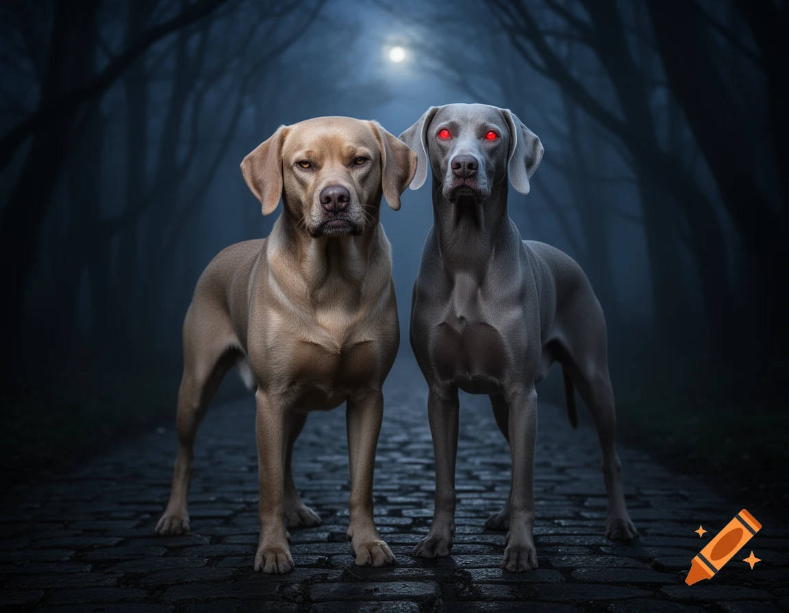 Photorealistic image of a tan Labrador and a grey Weimaraner with red eyes standing on a cobblestone path in a dark, misty forest under a pale moon.