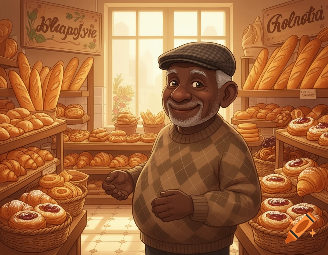 A smiling cartoon old black man in a plaid hat and sweater stands in a brightly lit bakery filled with shelves of bread and pastries.