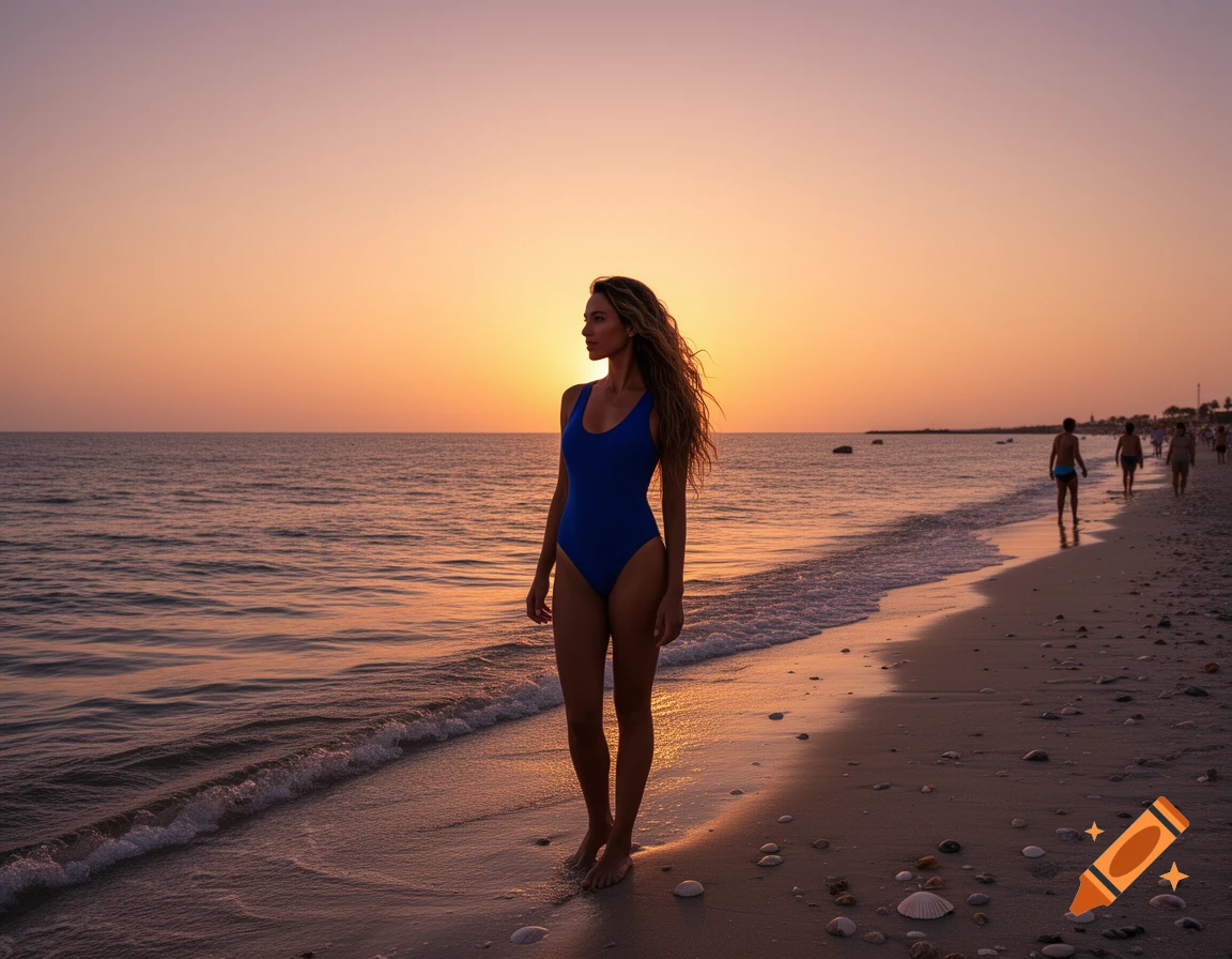 A woman in a blue swimsuit stands on a sandy beach looking out at the ocean during sunset, with other people in the distance.