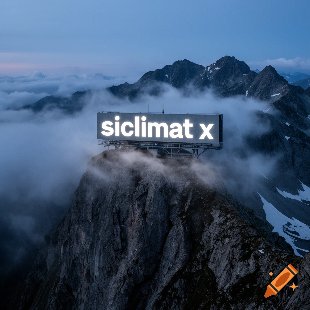 A large, glowing billboard displaying "siclimat x" stands atop a rocky mountain peak shrouded in clouds at dusk. Photorealistic style.