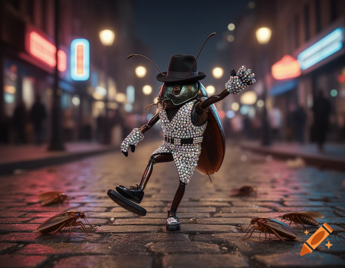A shiny cockroach in a sparkly suit and fedora strikes a dance pose on a wet cobblestone street at night, with other cockroaches nearby.
