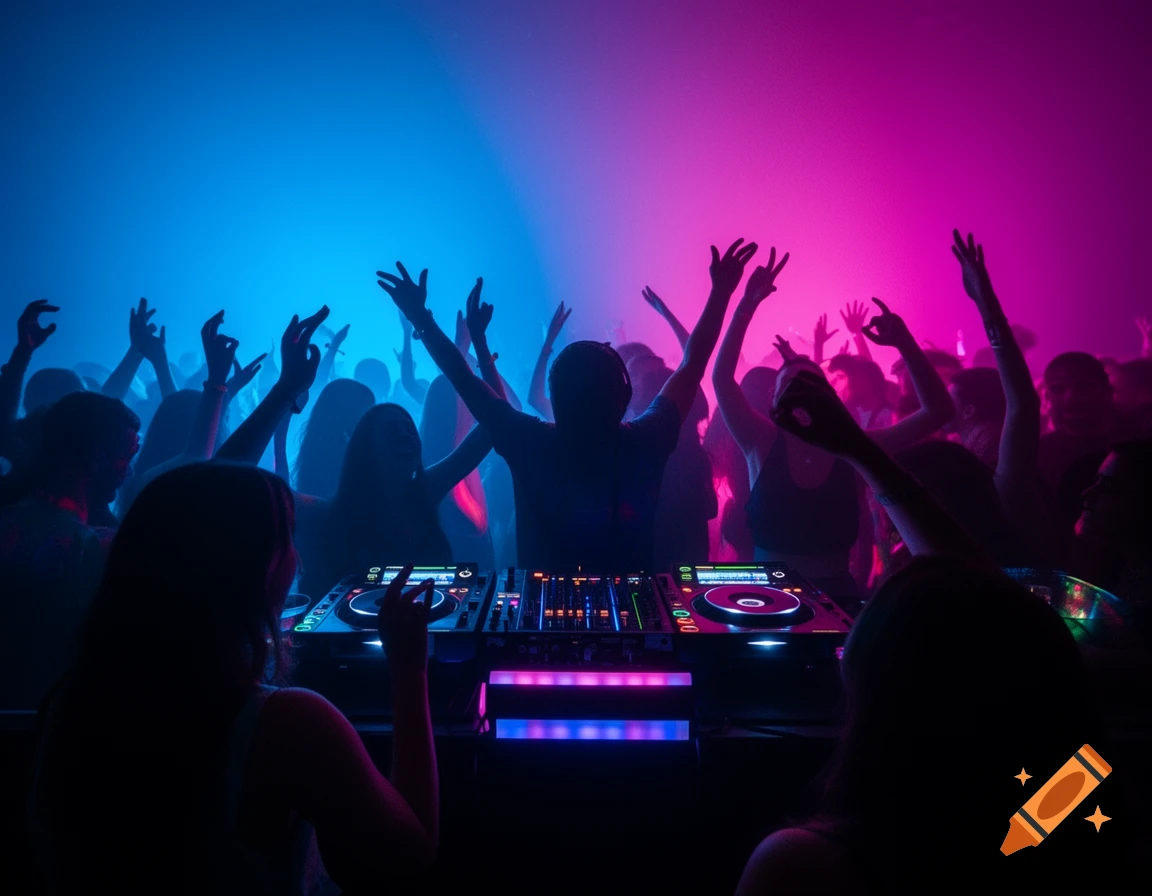 A DJ behind a mixing console, facing a silhouetted crowd dancing under vibrant blue and pink neon lights at a music festival.