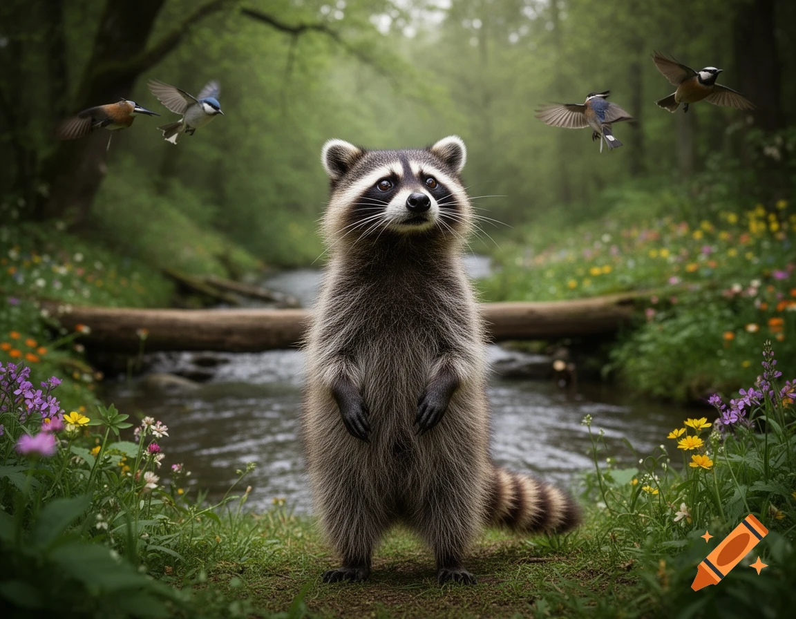 A photorealistic raccoon stands on its hind legs by a stream in a forest, surrounded by wildflowers as several birds fly overhead.