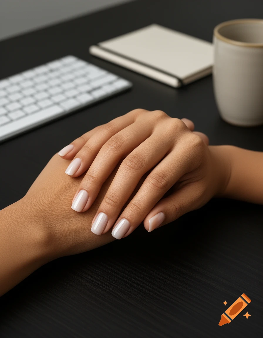 Two hands with milky square nails, one resting on the other, on a dark desk with a blurred keyboard and mug in the background. Photorealistic.