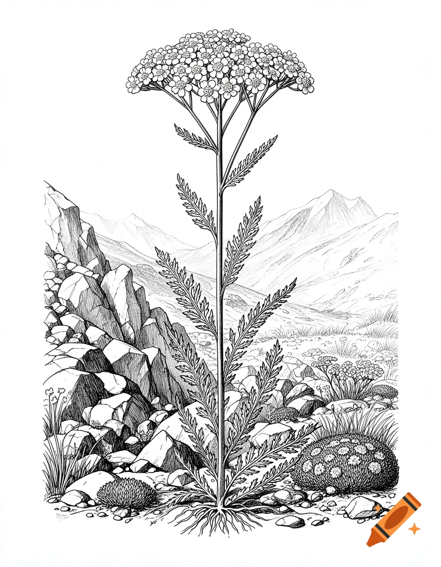 Detailed black and white botanical ink drawing of a yarrow plant in a rocky alpine landscape.