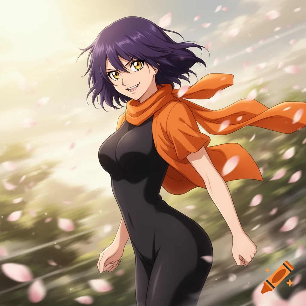 Anime woman with short purple hair and yellow eyes, smiling while wearing a black suit and orange scarf, with pink petals falling around her.