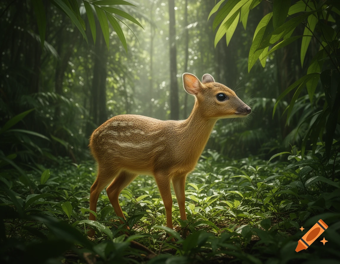 A small, light brown mouse deer with faint stripes stands in a lush green jungle, illuminated by soft light.