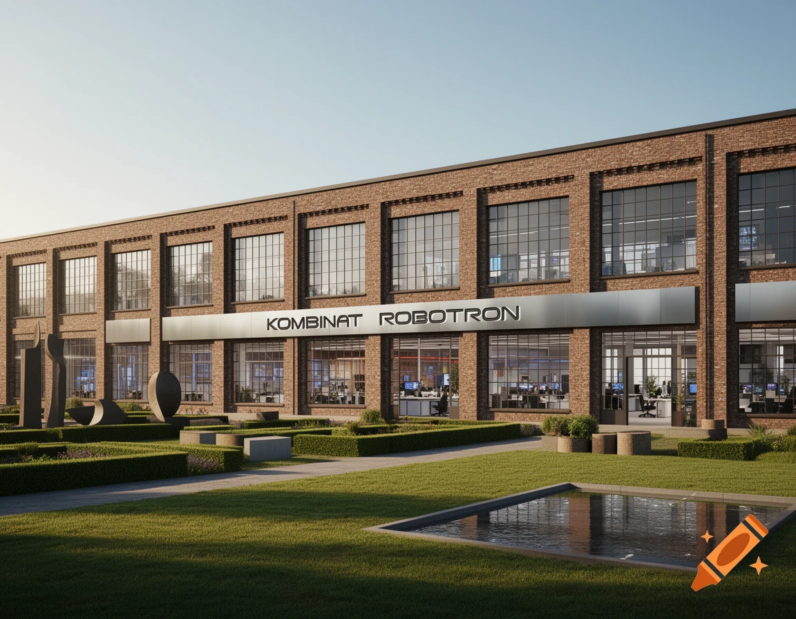 Photorealistic view of a modern brick building labeled 'KOMBINAT ROBOTRON' with a green lawn, sculptures, and a reflecting pool.