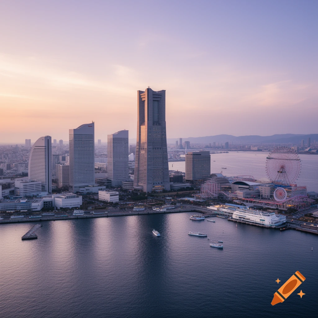 Aerial view of a modern waterfront cityscape featuring tall skyscrapers, a ferris wheel, and boats on the water at sunset.