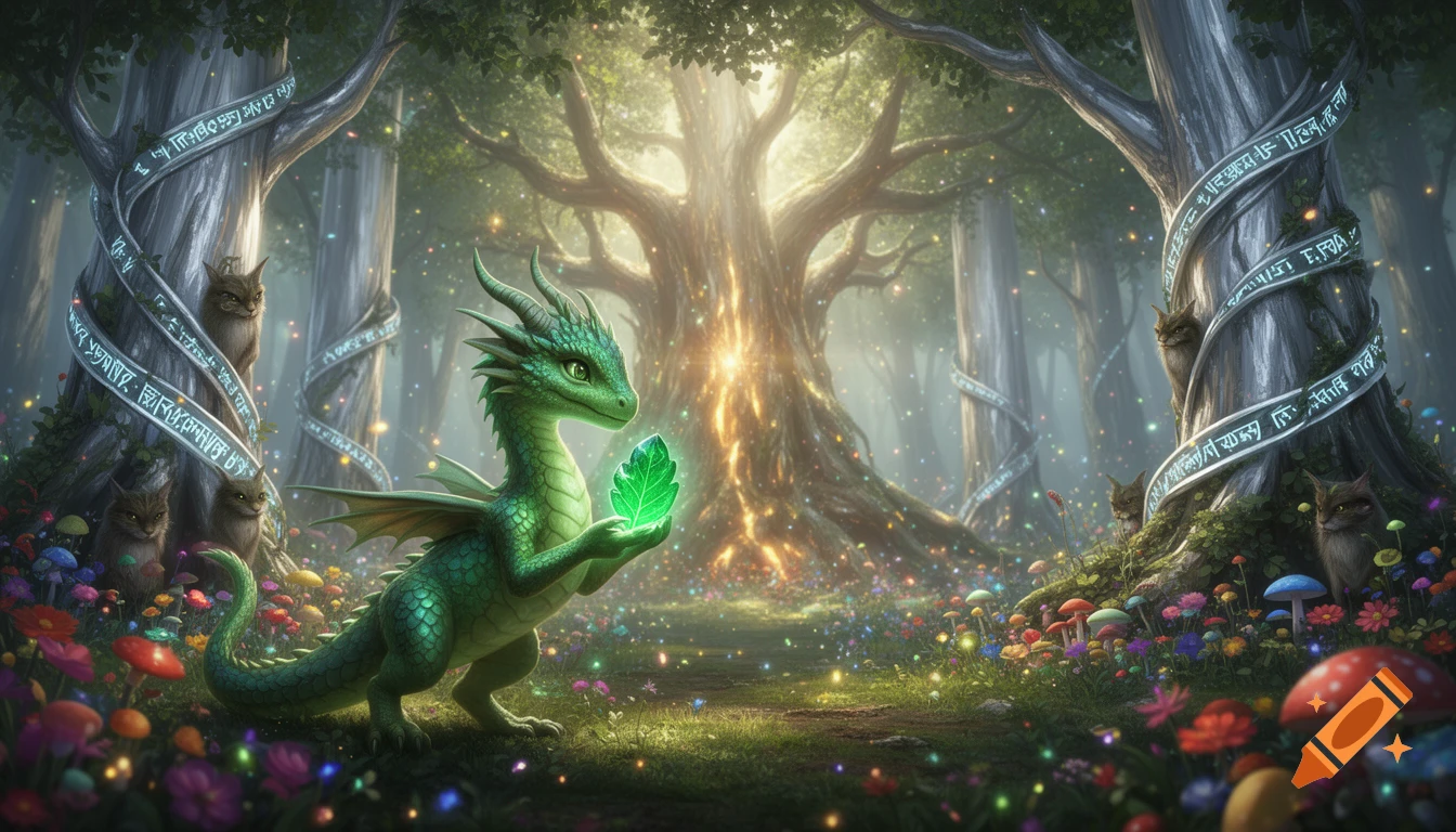 A young green dragon holds a glowing emerald leaf stone in a vibrant, enchanted forest with towering trees, hidden cats, and colorful flora.