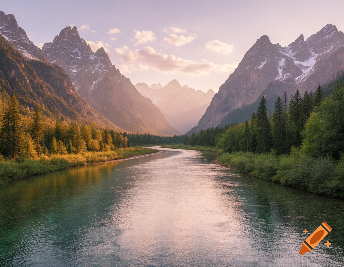 A winding river flows through a valley, flanked by snow-capped mountains and forests, under a soft twilight sky. Photorealistic.