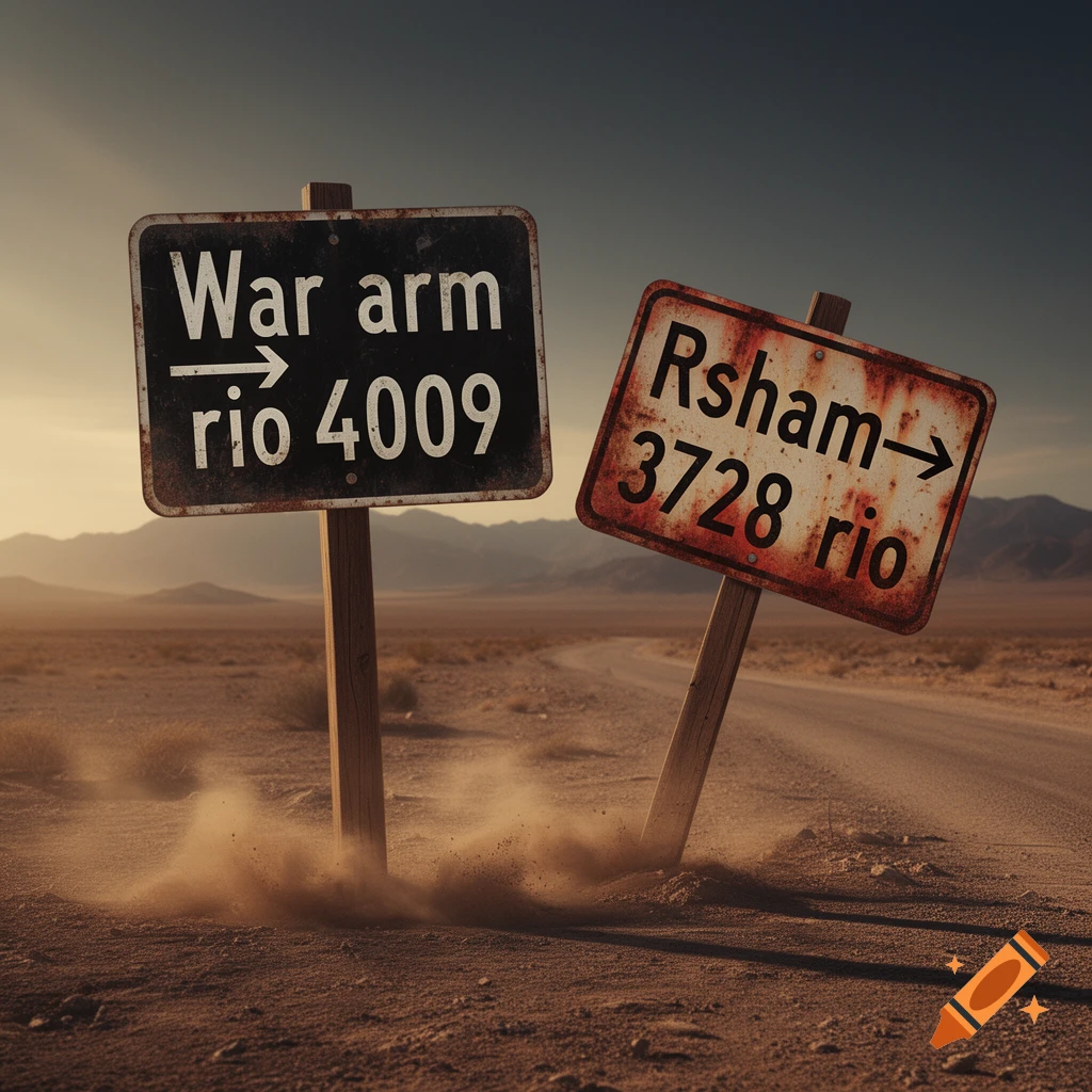Two weathered road signs in a dusty desert point to 'War arm rio 4009' and 'Rsham 3728 rio'. The path behind them leads into the distance.